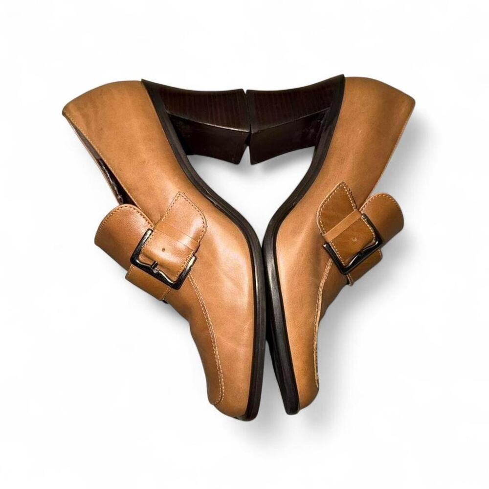 Anne Klein Sz 7 Vintage 90s 60s Style Pilgrim Boots Leather Square Tan Boots